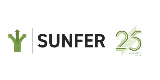 Logo of Sunfer, featuring the brand name in dark gray with a stylized green leaf element.