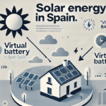 Illustration showing solar energy in Spain with a house using solar panels and virtual battery storage systems.