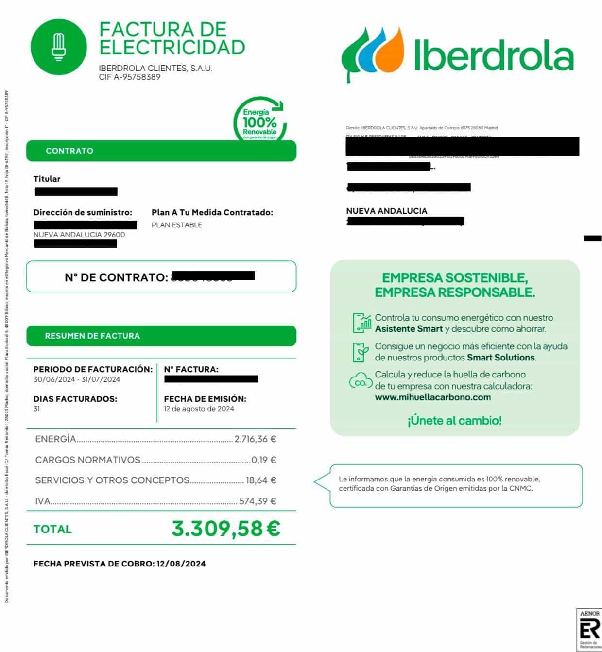 Electricity bill from Iberdrola showing consumption details, costs, and payment information in Spanish.