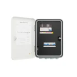 White electrical panel box with an open door showing circuit breakers and labels inside.
