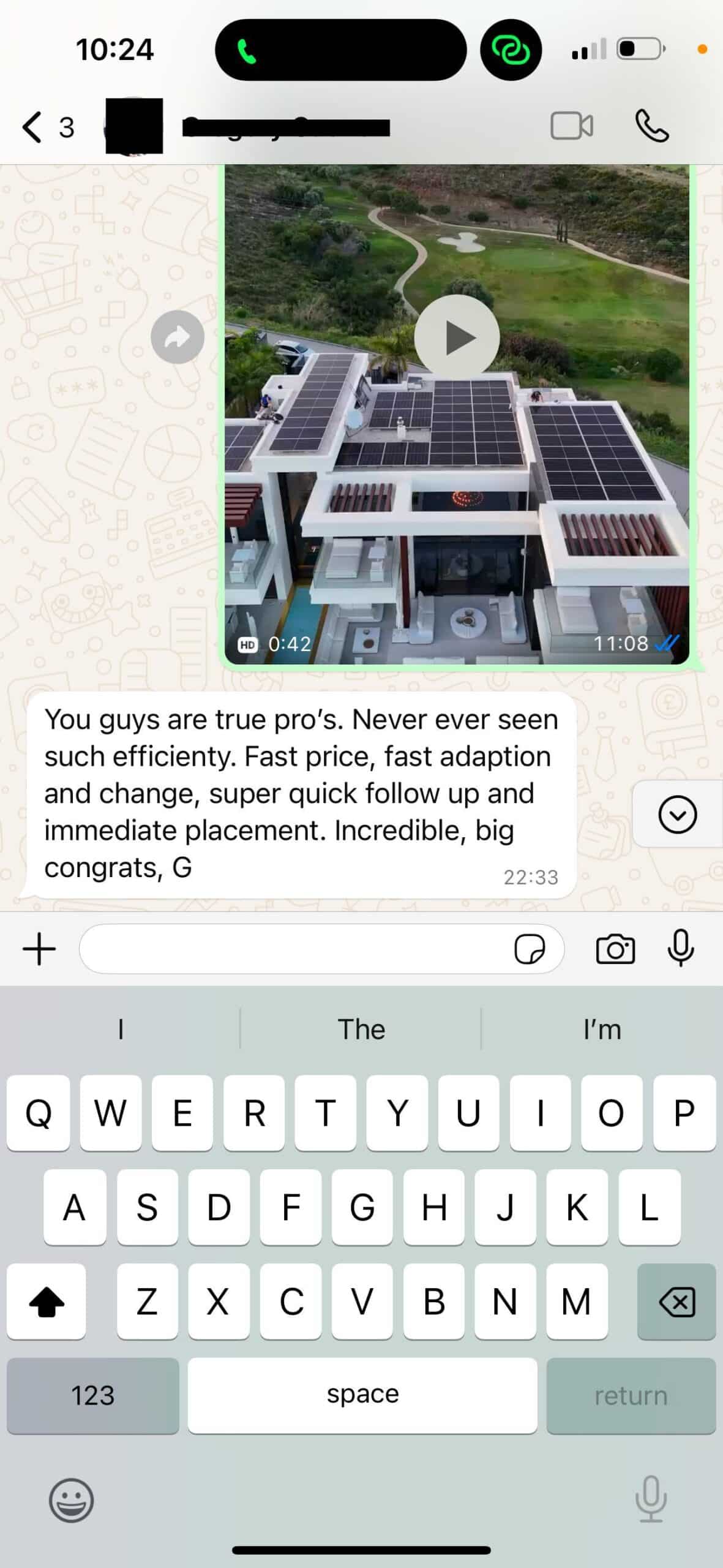 A WhatsApp conversation praising a professional for quick, efficient, and adaptable work with a congratulatory message.