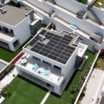 A modern white house with solar panels on the roof and a rooftop pool, surrounded by similar styled homes and green lawns.