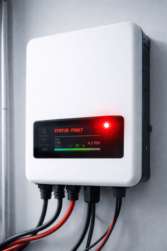 White wall-mounted power inverter with a red STATUS: FAULT indicator on the display panel and several cables entering bottom ports.