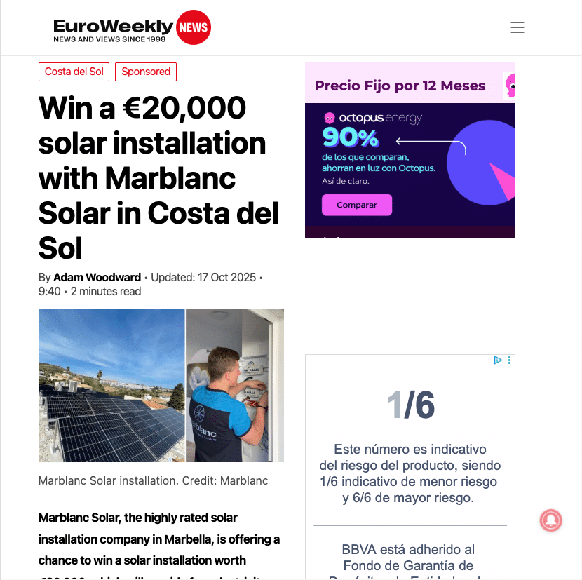 Article header announcing a €20,000 solar installation prize from Marblanc Solar in Costa del Sol on EuroWeekly News.