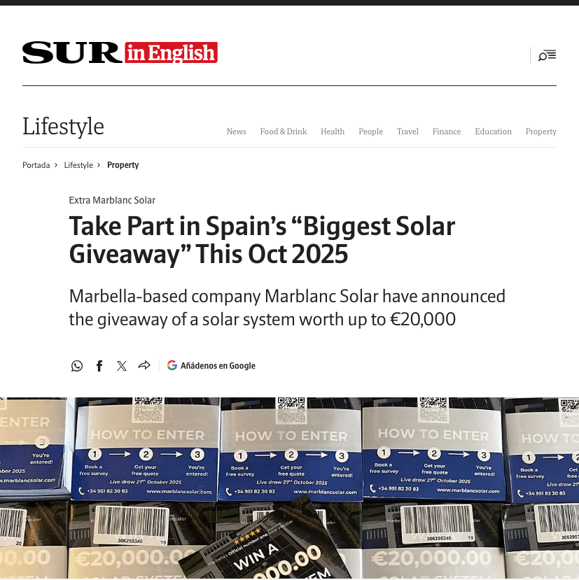 Lifestyle article header from SUR in English about Spain's biggest solar giveaway (Oct 2025) by Marbella Solar Marblanc Solar and a €20,000 solar system prize claim at top of the page.