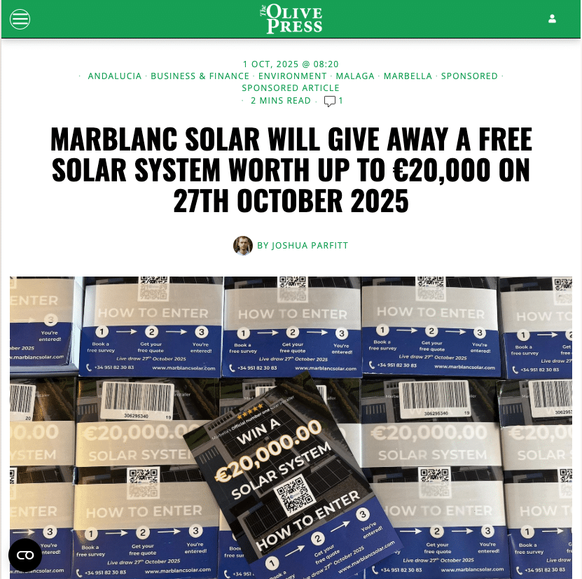 The Olive Press article header announcing a €20,000 solar system giveaway on 27 October 2025, with a collage of entry cards.